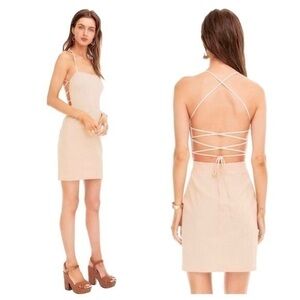 ASTR Mari Linen Blend Strappy Tie Back Neutral Mini Dress Size L